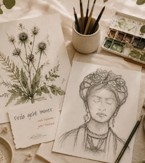 Handgezeichnete botanische Aquarellillustration und Porträtskizze auf einem Zeichentisch im Atelier von Studio Schikoko.