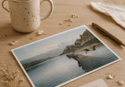 Hochwertig gestaltete Postkarte mit Landschaftsmotiv als Beispiel für Printdesign von Studio Schikoko.