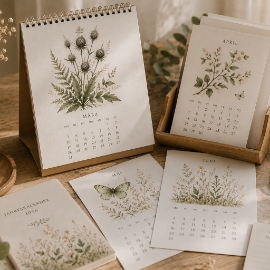 Tischkalender mit botanischen Illustrationen und Naturmotiven aus der Papeteriekollektion von Studio Schikoko.