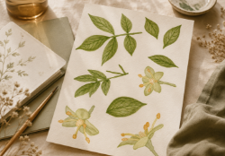 Handgezeichnete botanische Aquarellillustrationen von Blättern und Blüten – gestaltet von Studio Schikoko.