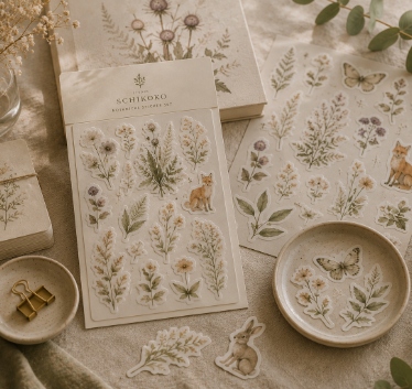 Stickerbogen mit handgezeichneten botanischen Illustrationen, Schmetterlingen und Waldtieren von Studio Schikoko.
