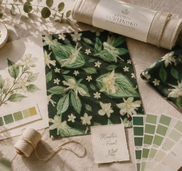 Präsentation einer botanischen Surface Pattern Kollektion mit Illustration, Farbpalette, Muster und Stoffdesign von Studio Schikoko.