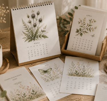 Botanischer Tischkalender mit handgezeichneten Pflanzenillustrationen und Monatskarten von Studio Schikoko.