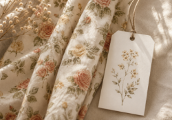 Stoff mit handgezeichnetem botanischem Blumenmuster und passendem Geschenkanhänger von Studio Schikoko.