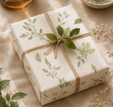 Geschenkverpackung mit handgezeichnetem botanischem Muster von Studio Schikoko.