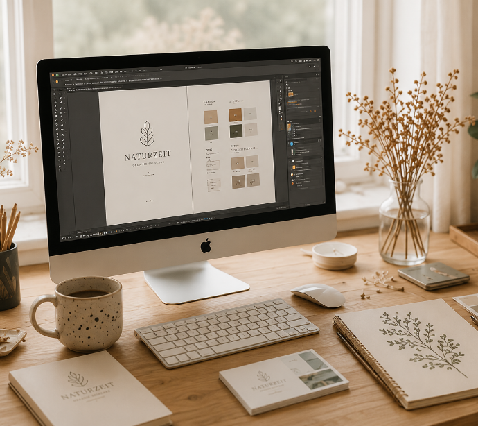 Moderner Grafikdesign-Arbeitsplatz mit Corporate-Design-Entwicklung auf dem Bildschirm von Studio Schikoko.