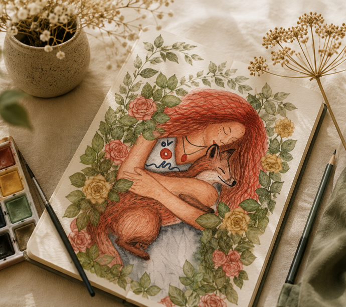 Handgezeichnete Aquarellillustration einer Frau mit einem Fuchs im Skizzenbuch von Studio Schikoko.