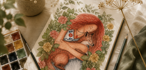 Handgezeichnete Illustration eines Fuchses und einer Frau mit botanischen Elementen – gestaltet von Studio Schikoko.
