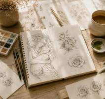 Skizzenbuch mit handgezeichneten botanischen Illustrationen und Zeichenmaterialien im Atelier von Studio Schikoko.